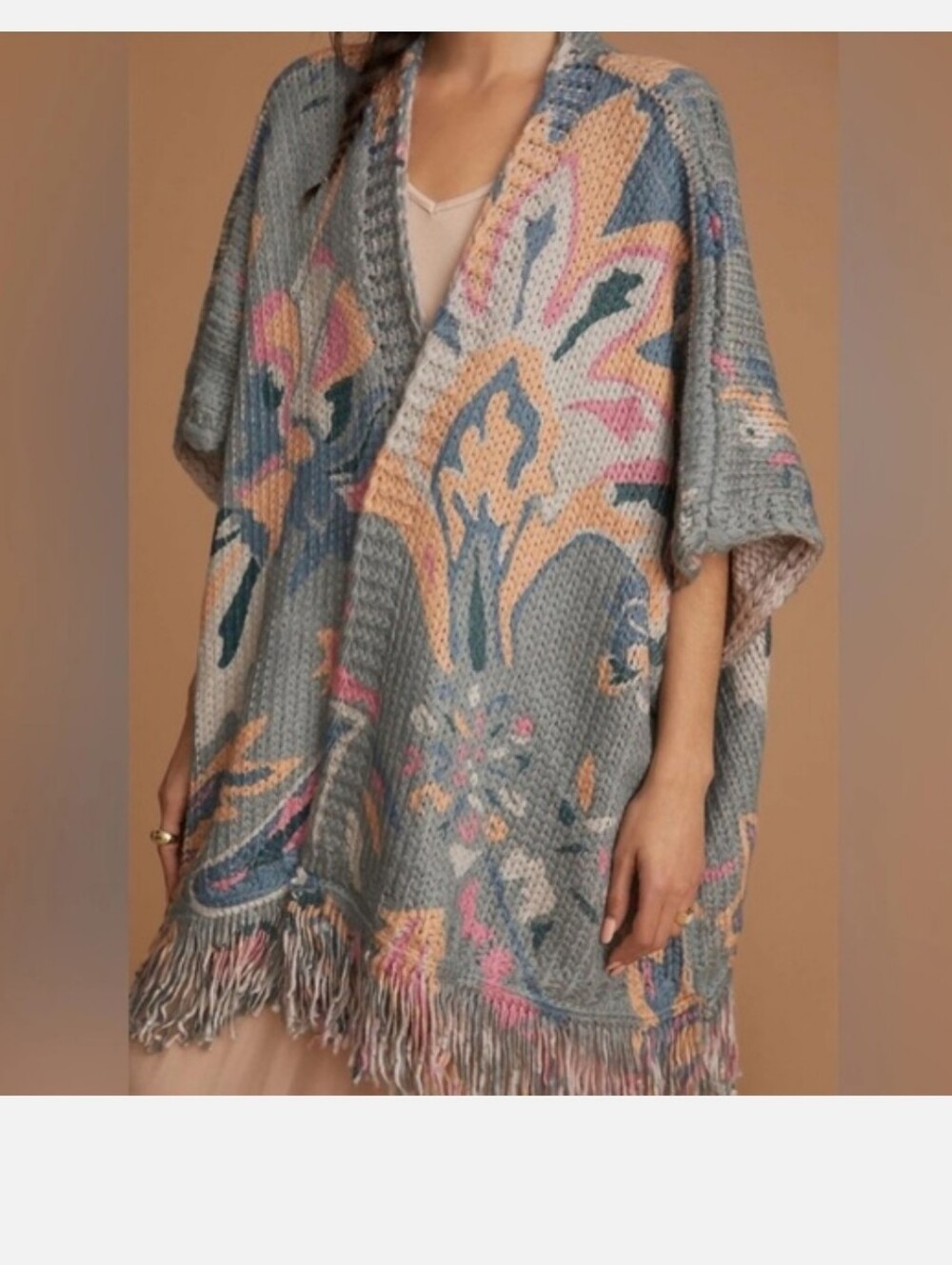 Anthropologie Tassel Floral Cable Knit‎ Kimono One Size